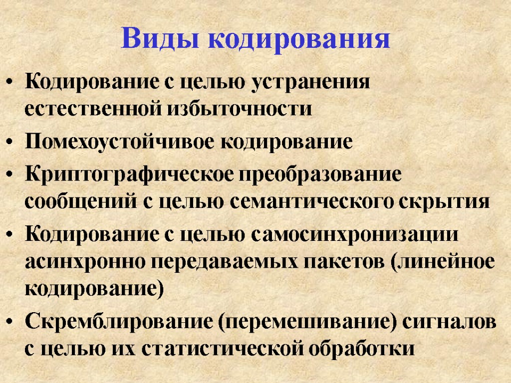 Виды кодирования Кодирование с целью устранения естественной избыточности Помехоустойчивое кодирование Криптографическое преобразование сообщений с